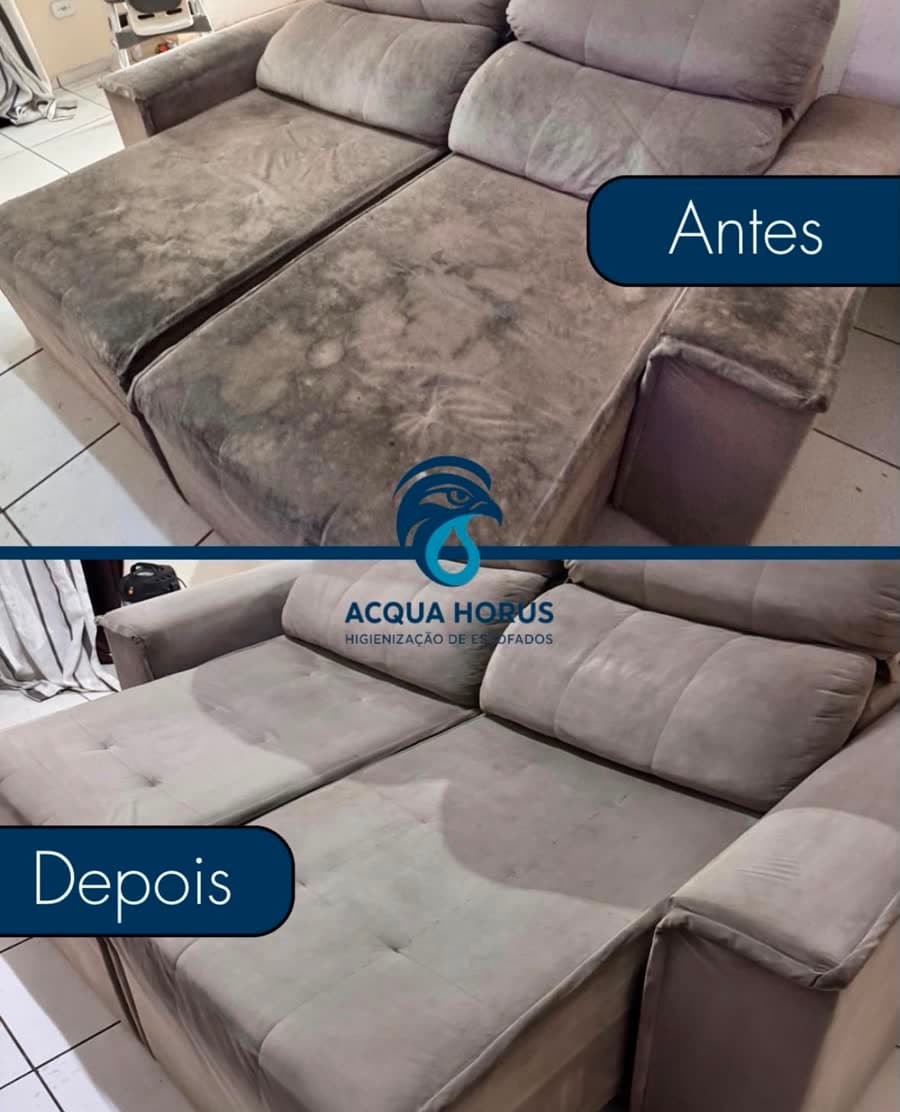 Sofá retrátil de suede antes e depois da higienização